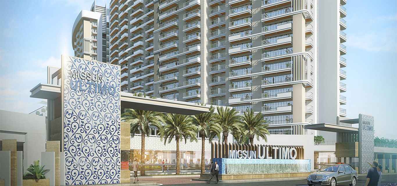 Luxurious living room with ample space in a 1395 sqft, 3 BHK apartment at Migsun Ultimo, Greater Noida.